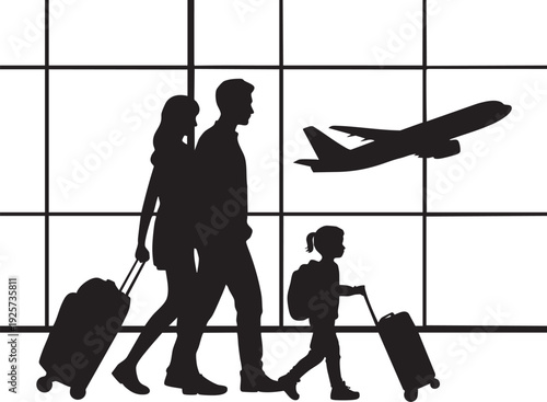 Family traveling by airplane at airport terminal with luggage vacation journey departure arrival flying transport people