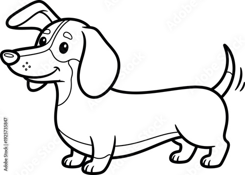 Cute cartoon dachshund coloring page outline for children featuring a happy dog with floppy ears ready for creative color filling activities and simple drawing fun.