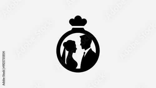 Elegant wedding couple silhouette in ring with crown