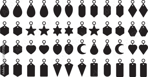 Black hanging tags with various shapes including stars hearts and crescents on white background