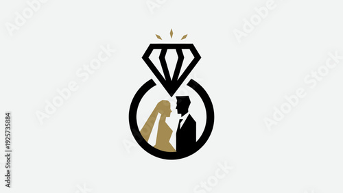 Elegant wedding logo with diamond ring and couple silhouette