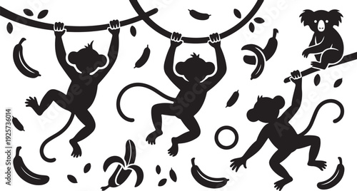 Black silhouettes of monkeys and bananas on a white background