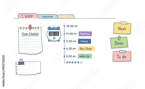 Daily schedule timeline with time blocks, timer and notebook page scraps, sticky notes and progress dots for Sleep schedule