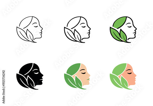 Elegant woman's face profile with green leaves, representing natural beauty and wellness