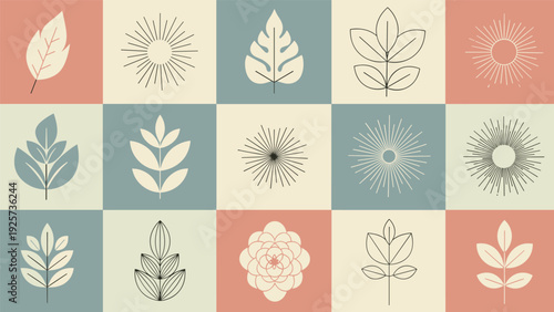 Geometric grid of fifteen muted squares features minimalist line art illustrations of various leaves, flowers, and sunburst design patterns.