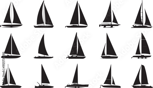 Assortment of black silhouette sailboat on a white background