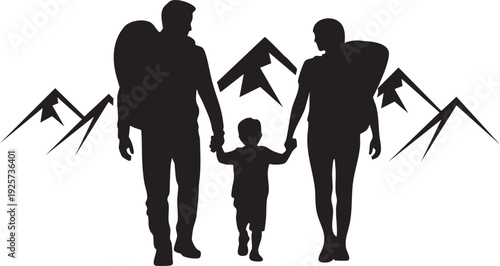 Family hiking silhouette parents and child with backpacks walking mountains background