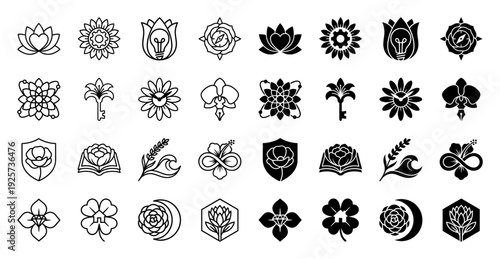Abstract botanical hybrid icons merging floral elements with conceptual symbols like lightbulbs gears and hearts in outline and solid styles