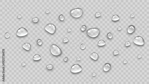 Realistic water drops, transparent clear rain droplets on surface, vector illustration for background or overlay