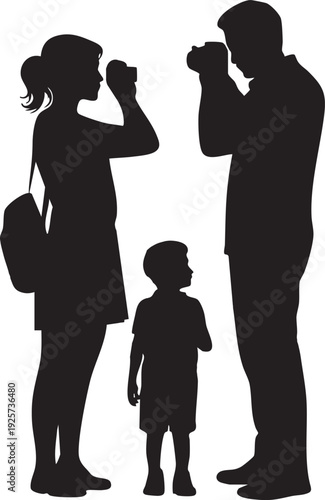 Family vacation memory father mother child taking pictures with cameras black silhouette