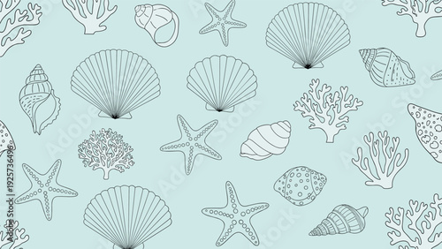 Detailed sea life pattern features delicate line art illustrations of shells, coral, and starfish scattered on a light blue background.