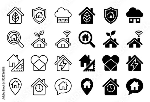 Modern real estate and smart home hybrid icon set featuring eco friendly architecture security systems property search and home maintenance symbols