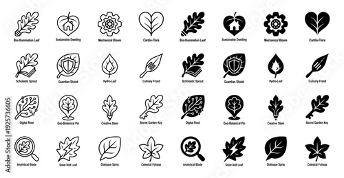 Collection of hybrid nature icons merging botanical leaves with functional symbols including lightbulbs houses gears shields tools and keys in outline and solid styles