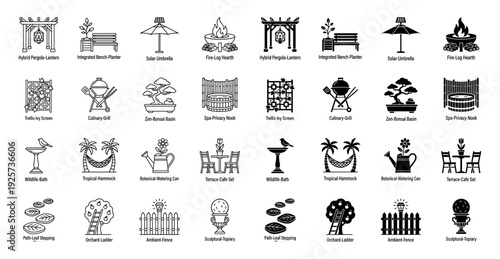 Outdoor landscape architecture and hybrid garden furniture icons featuring integrated planters pergolas and solar amenities in line and solid style