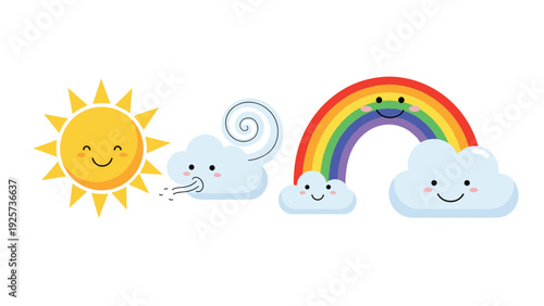 Kawaii style weather icons including a smiling sun wind cloud and a colorful rainbow with happy faces for children and educational materials.