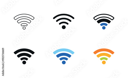 Collection of diverse Wi-Fi signal icons in various styles and colors on a white background