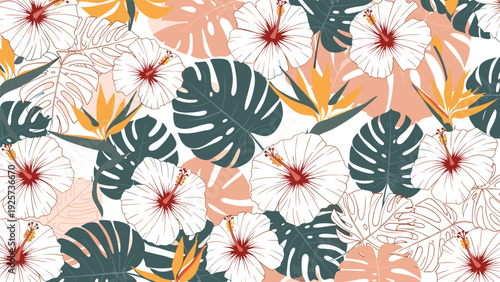 Vibrant tropical pattern showcasing white hibiscus flowers with red centers and dark green monstera leaves on a warm peach colored background.