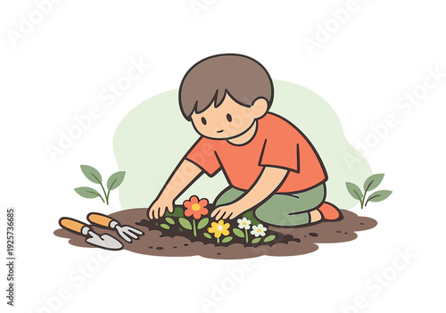 Cute cartoon boy planting flowers in the garden with gardening tools nearby