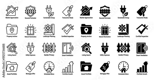 Professional real estate and property investment icon set featuring hybrid conceptual designs merging financial growth symbols with residential architecture