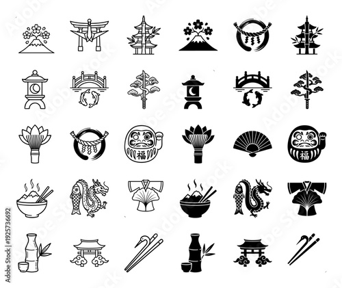 Japanese Cultural Hybrid Icon Collection Featuring Creative Mergers of Sakura Mount Fuji Torii Origami Pagoda and Zen Elements in Dual Style