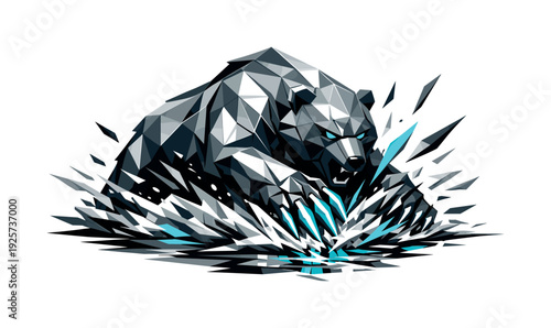 Low-poly vector illustration of a bear breaking through the river lunge in a decisive strike moment, perfectly aligned angular