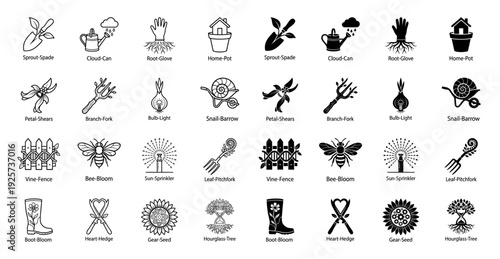 Black and white minimalist hybrid garden icon set featuring conceptual combinations of nature and horticulture tools in linear and solid styles
