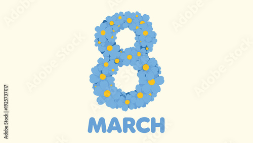 Decorative number eight made from small blue flowers for International Womens Day celebration on the eighth of March every single year.