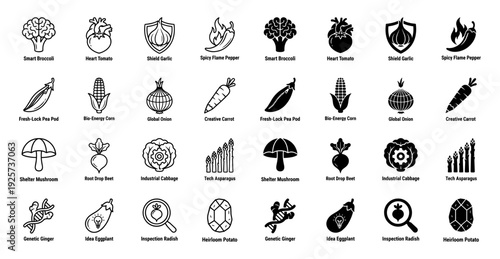 Hybrid vegetable icon set merging organic produce with conceptual symbols like brain broccoli heart tomato shield garlic and gear cabbage