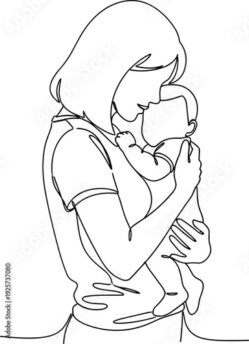 Mother holding baby in arms line art illustration, minimalist continuous line drawing of maternal love isolated on background