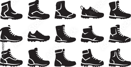 Black and white silhouettes of various boots and shoes for outdoor activities
