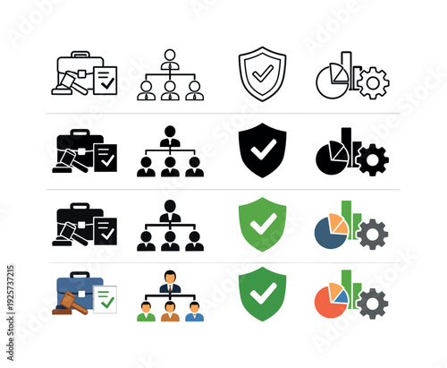 Collection of business icons representing legal, organizational, security, and data analysis concepts