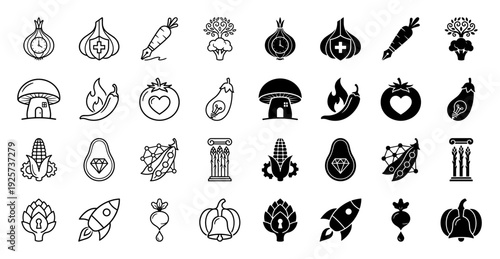 Collection of vegetable hybrid icons merging organic produce with conceptual symbols like clocks shields pens and lightbulbs in line and solid style