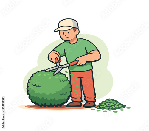Gardener carefully trimming a lush green bush with shears, creating a neat shape