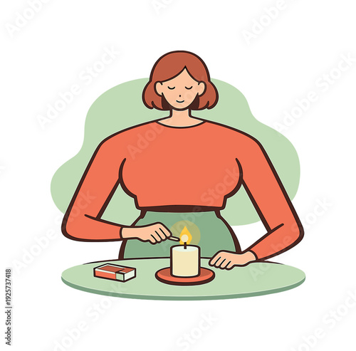 Woman lighting a candle with a match, creating a warm and cozy atmosphere