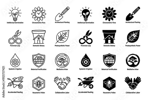 Hybrid conceptual gardening and agriculture icons merging organic plant life with tools and temporal symbols in linear and solid styles