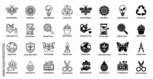 Hybrid eco icons combining nature and tools featuring dual outline and solid versions of solar sunflowers smart bees and sustainable gear symbols
