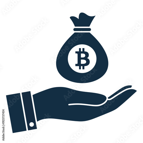 Bitcoin cryptocurrency icon, money bag in hand with coins, finance and banking concept, digital currency symbol for investment, blockchain, crypto trading apps, and financial technology 
