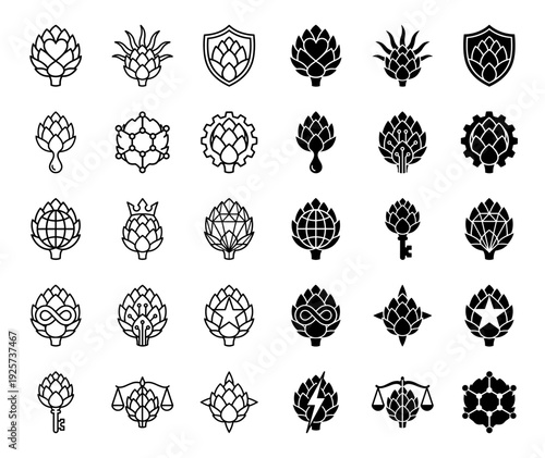 Collection of stylized artichoke and hop icons featuring hybrid symbolic designs like shield crown heart gear and globe in line and solid styles