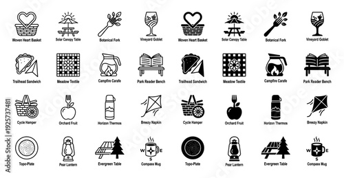 Hybrid outdoor picnic and camping icon set featuring creative merges like a solar canopy table botanical fork and campfire carafe in outline and solid styles