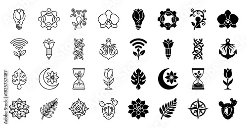 Collection of minimalist hybrid botanical icons merging organic flora with conceptual objects like an hourglass bulb anchor and compass rose