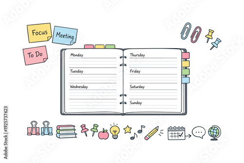 Minimalist Planner Essentials. Open weekly planner spread, tabbed notebook pages, paper clips and sticky notes, small reminder