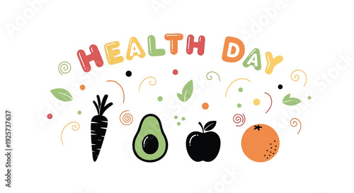 Health Day icon set with food and leaf elements