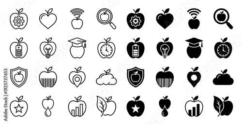 Collection of apple hybrid icons merging fruit silhouettes with functional symbols like gears clocks shields and hearts in outline and solid styles