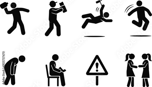 Silhouette icons depicting various human actions and warning signs