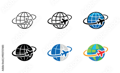 Set of airplane travel icons around the globe, representing global flight and transportation services