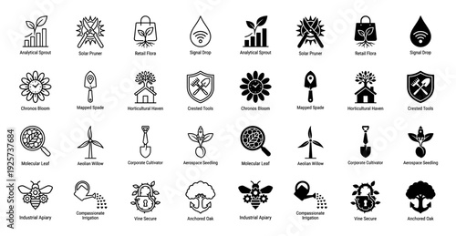 Collection of conceptual hybrid nature icons merging botanical growth with industrial tools and data symbols in outline and solid black styles