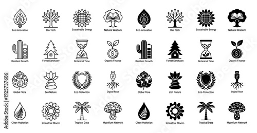 Biotechnology and sustainable energy hybrid icon set featuring nature inspired concepts merged with digital technology and industrial design elements