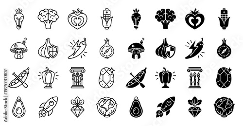 Collection of creative hybrid organic food icons merging vegetables with conceptual symbols like lightbulbs batteries shields and rockets
