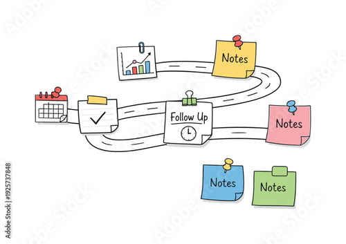 Milestone roadmap path, notebook strips as checkpoints, mini chart and calendar icons, pinned sticky notes for Payment follow up