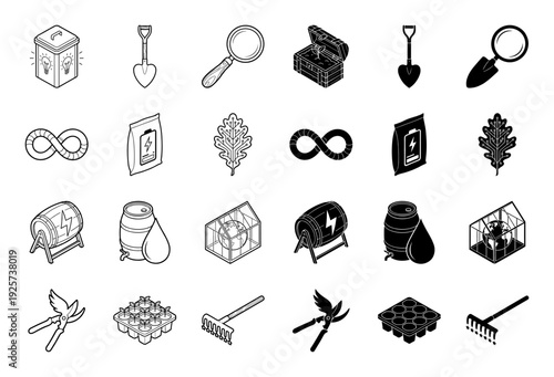 Sustainable gardening icon set featuring hybrid designs merging eco energy concepts with traditional horticulture tools in line and solid styles